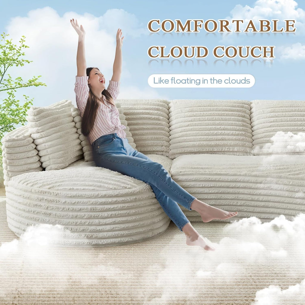 120'W Oversized Modern Curved Cloud Couch,Corduroy Modular Sectional Sofa with Chaise, L Shaped Boneless Couch, Compression Foam Sofa for Living Room Bedroom, No Assembly Required(Left Facing, Cream)
