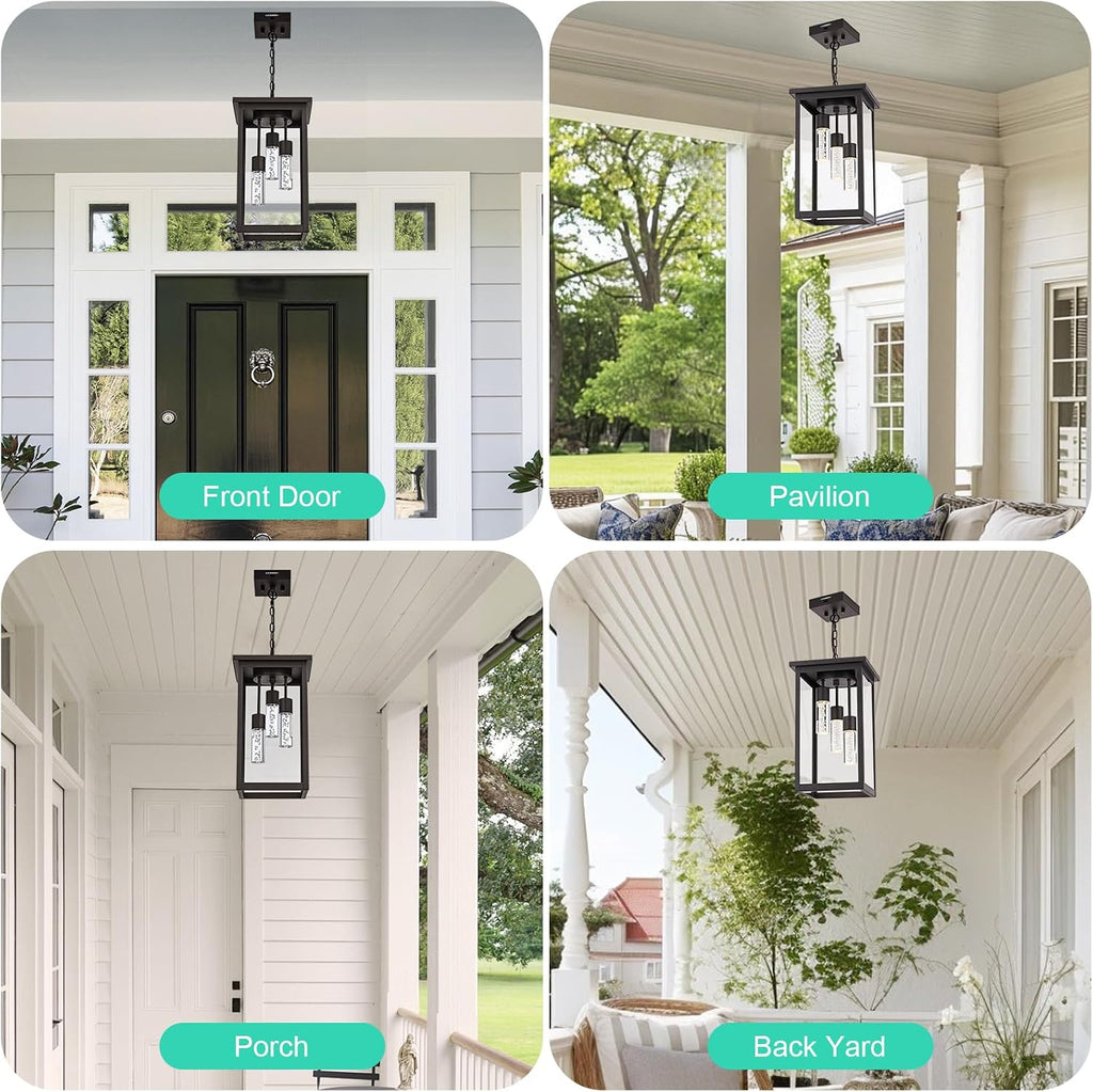 Yaohong 17' Large 5CCT LED Outdoor Pendant Light, 3-Lights Modern Oil Rubbed Bronze Hanging Ceiling Fixture with Acrylic Column & Clear Glass, Weatherproof Chandelier for Porch Gazebo Patio Entryway
