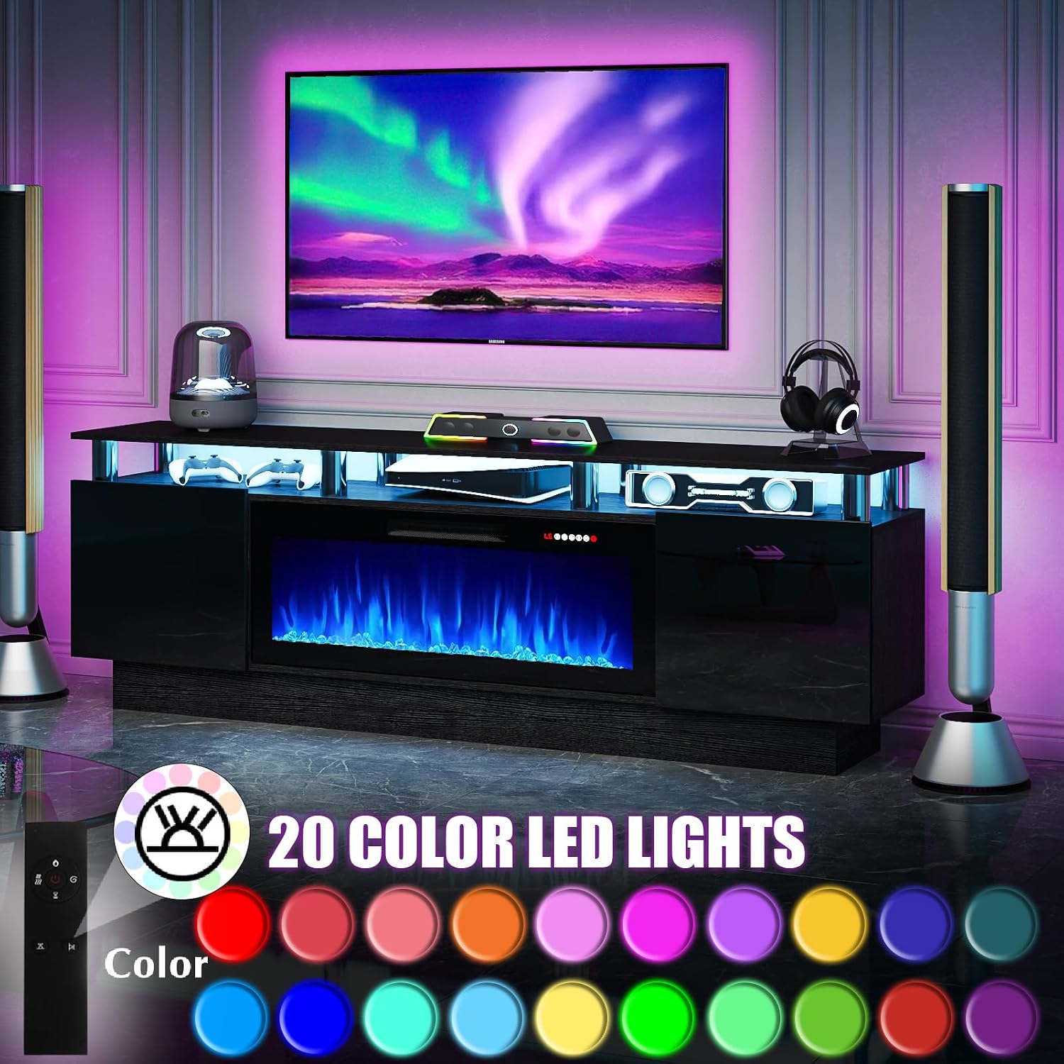 PRETZI 70' Modern Fireplace TV Stand with 36' Electric Fireplace for TVs Up to 80 inch, Luxury LED Light Entertainment Center with High Gloss Cabinet, TV Consoles for Living Room, Black