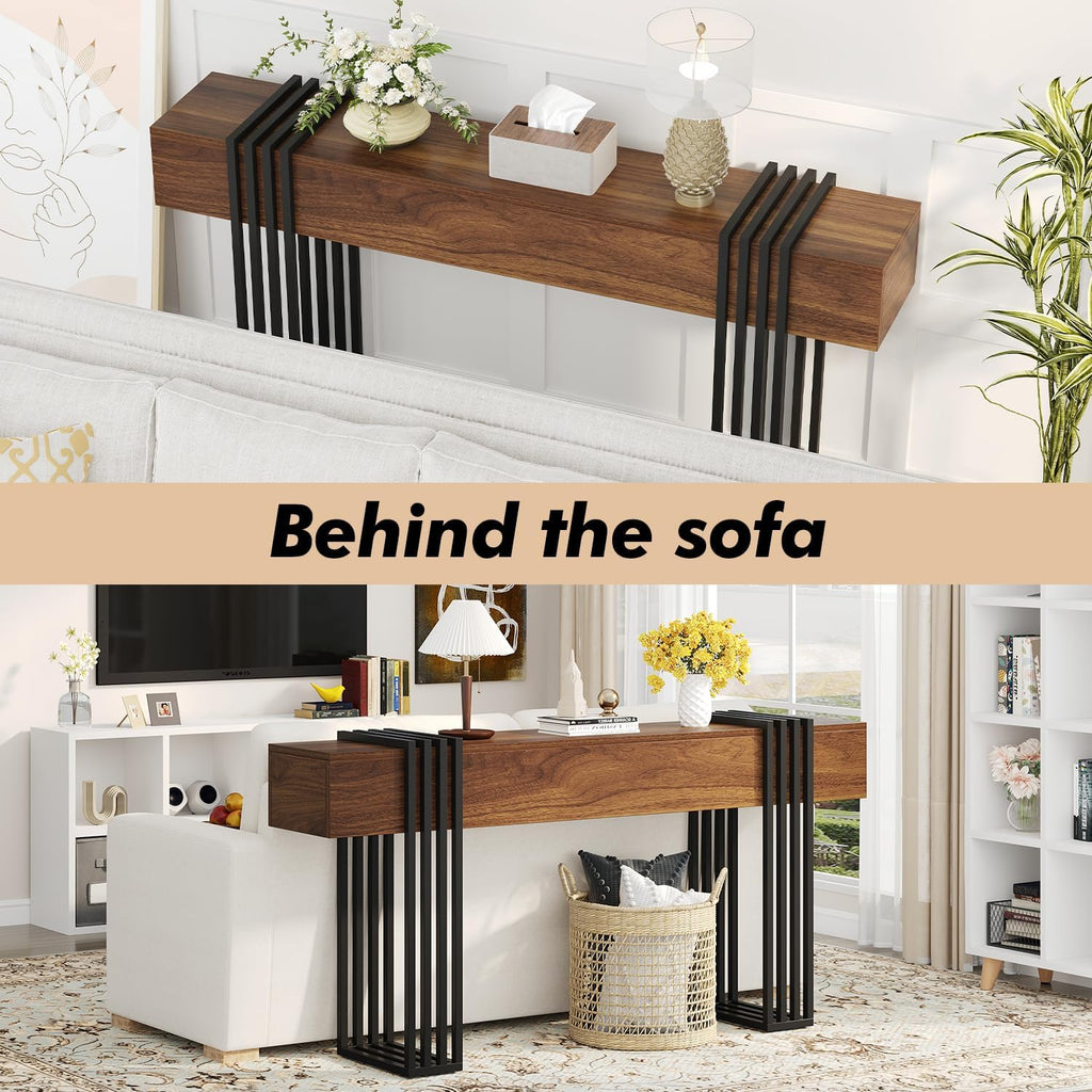 knoworld 63 Inch Long Console Table, Extra Thick Industrial Sofa Table Behind The Couch Rectangular Entryway Table for Entrance Hallway Living Room, Entire top Board & 4-Pipe Legs, Rustic Brown
