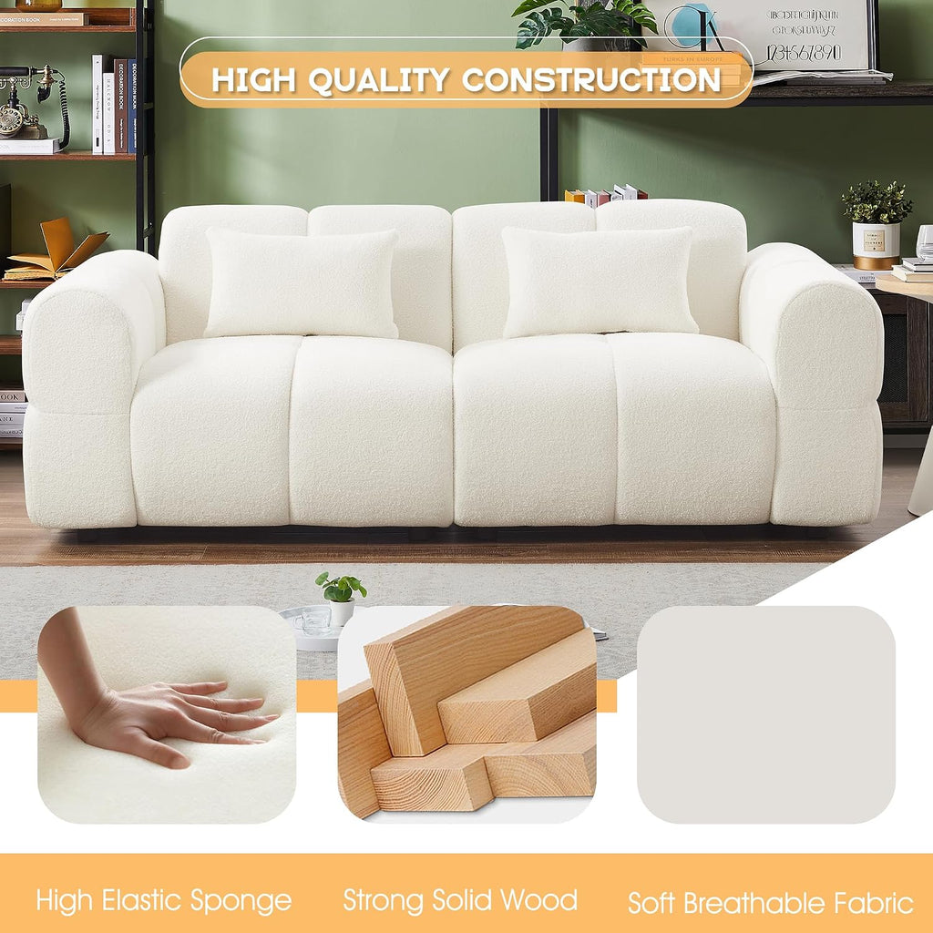 80' Modern Sofa Couch, Comfy Deep Seat Teddy Cloud Sofa, Upholstered 3-Seater Boucle Couch, Oversized Loveseat for Living Room, Bedroom, Office, Apartment(White)