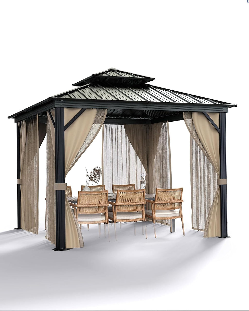 10'x10' Hardtop Gazebo - Heavy Duty Galvanized Steel Frame with Double Roof, Includes Netting & Curtains for Patio/Backyard (Brown)