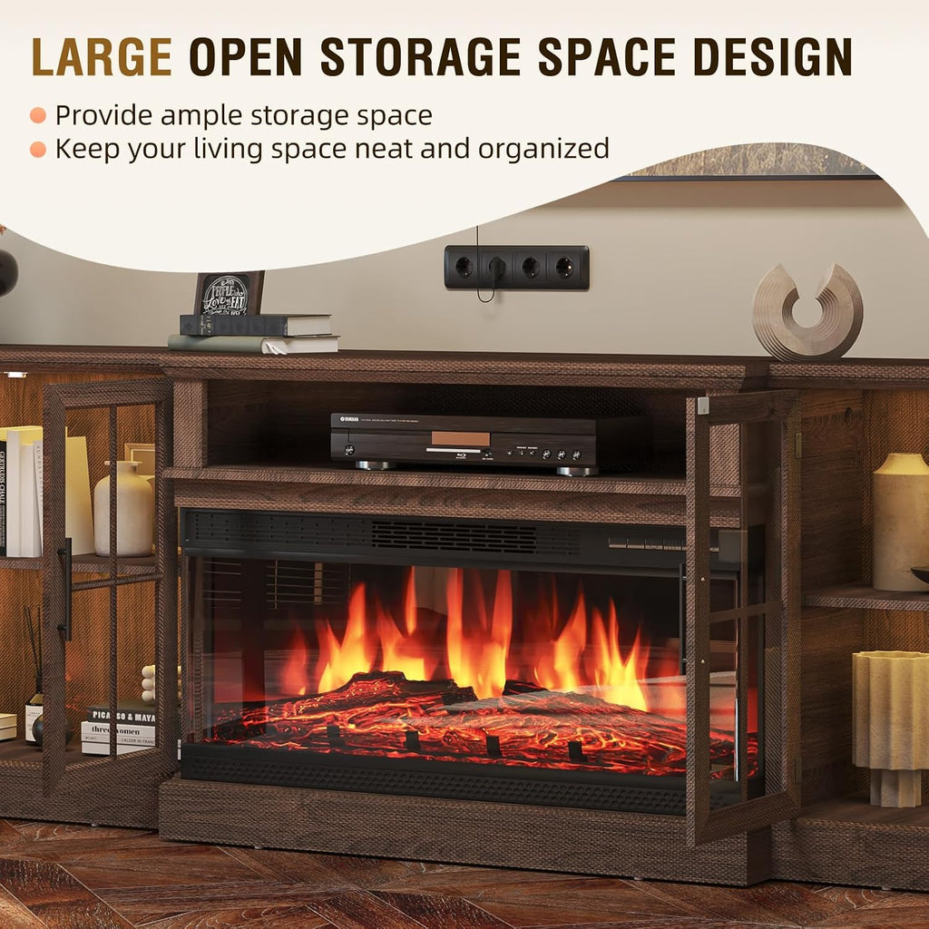 98' Farmhouse TV Stand with 36' Fireplace for TVs up to 100', Media Entertainment Center with Adjustable Shelves and Large Storage Cabinets, for Living Room, Brown & Black