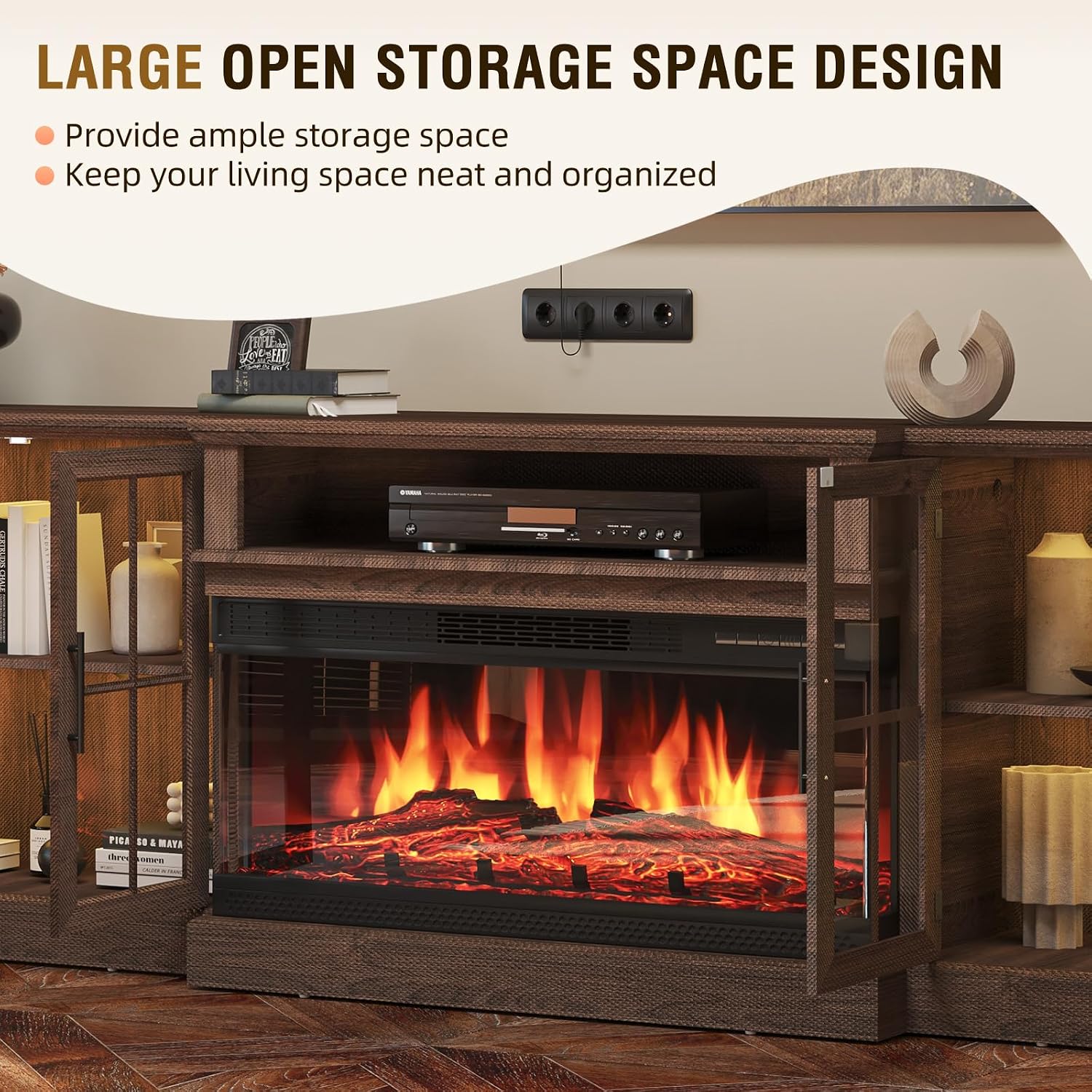 98' Farmhouse TV Stand with 36' Fireplace for TVs up to 100', Media Entertainment Center with Adjustable Shelves and Large Storage Cabinets, for Living Room, Brown & Black