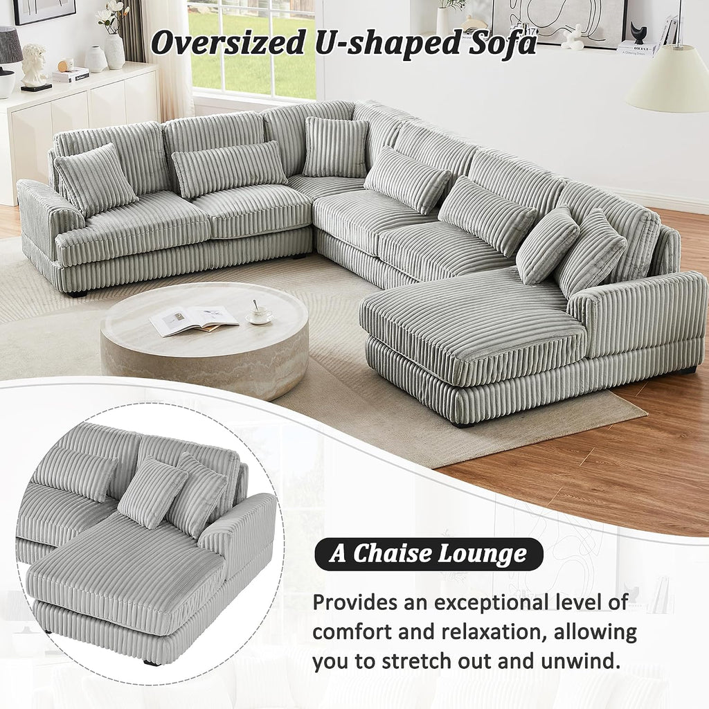 Oversized U-Shaped Sectional Sofa Modern Living Room Couch Upholstered in Soft Corduroy with a Chaise Lounge