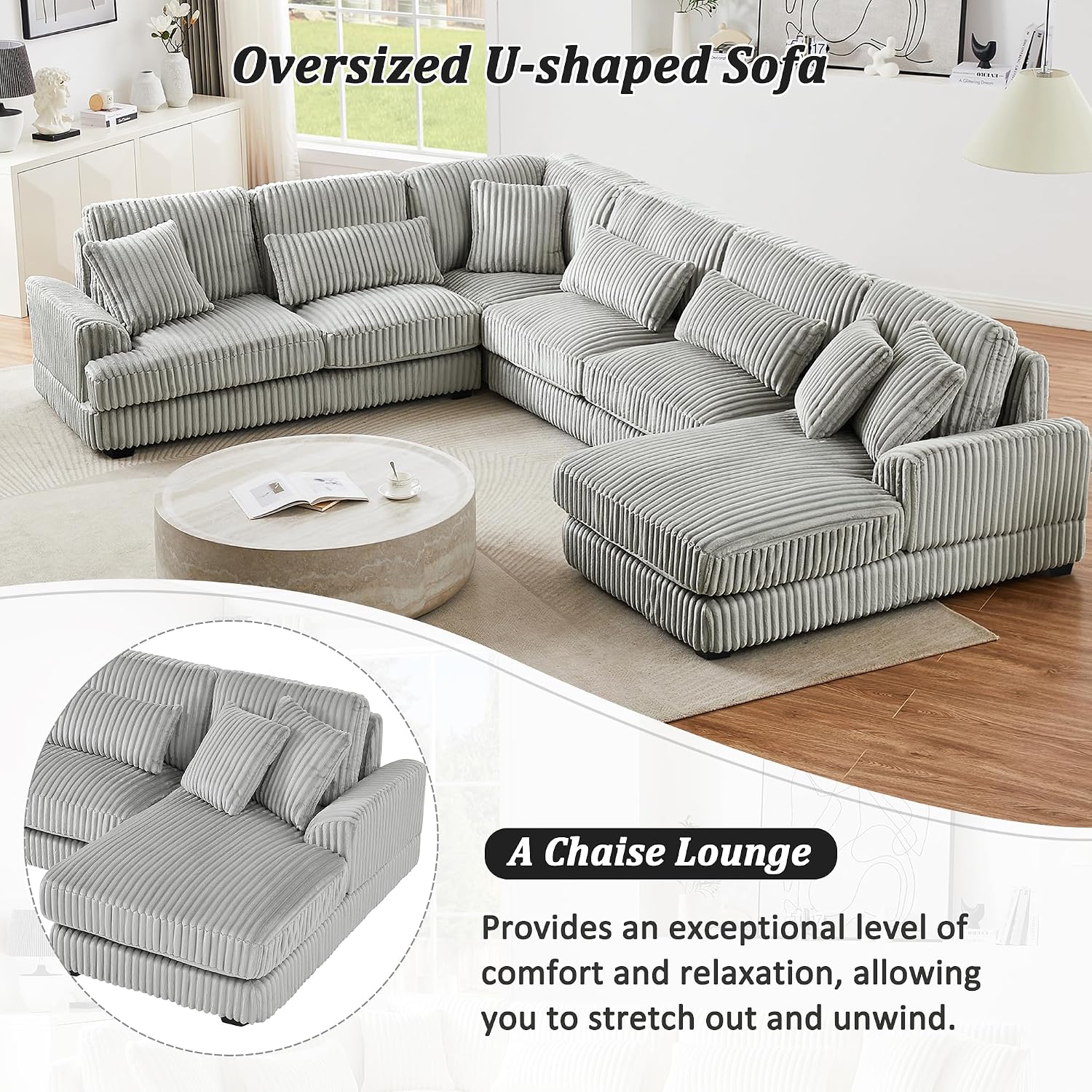 Oversized U-Shaped Sectional Sofa Modern Living Room Couch Upholstered in Soft Corduroy with a Chaise Lounge