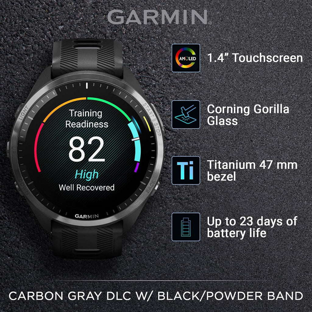 Garmin Forerunner 965 Premium GPS Running and Triathlon 47mm Smartwatch with AMOLED Touchscreen Display, Carbon Gray DLC Titanium Bezel Black Silicone Band E-Bank Bundle, Black +E-bank