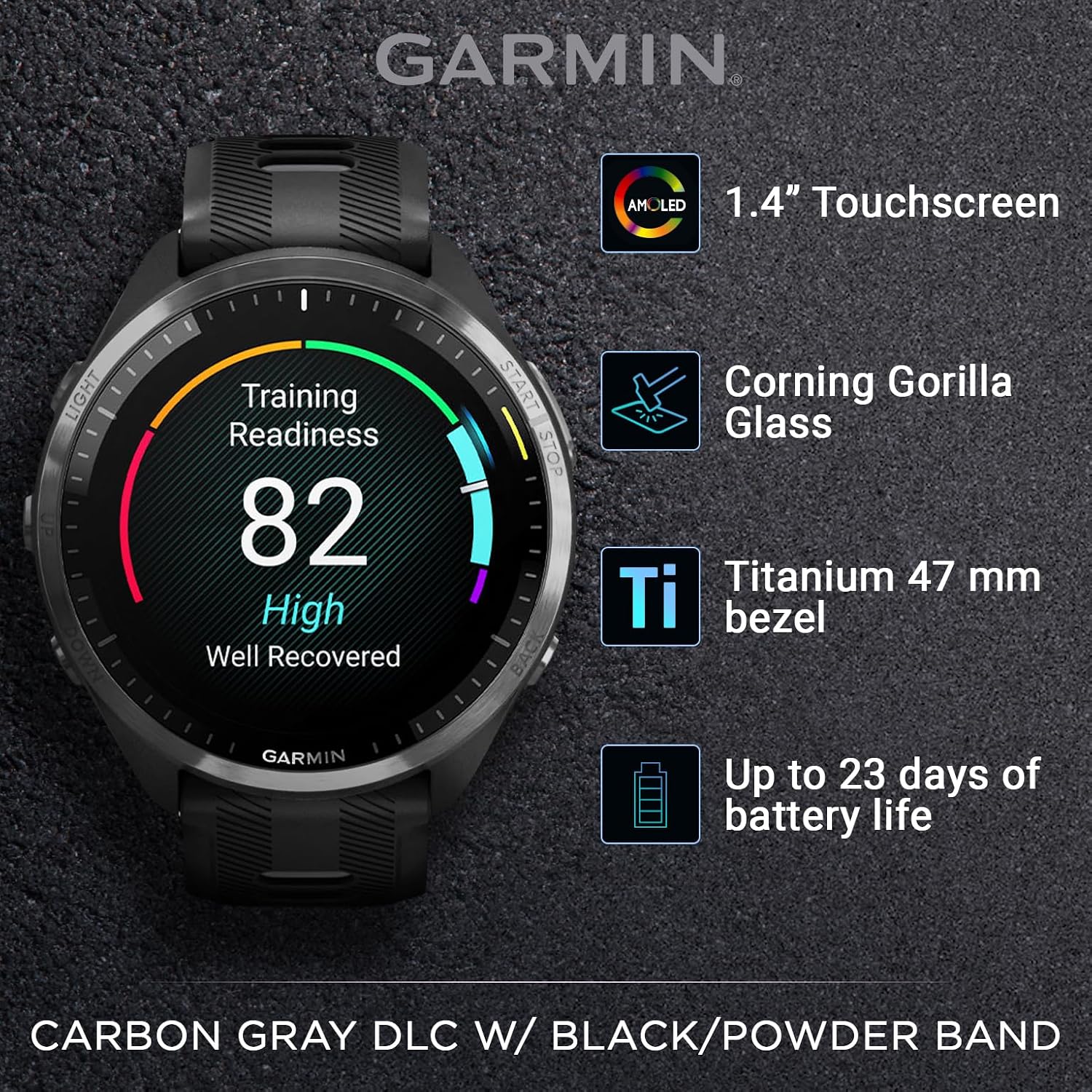 Garmin Forerunner 965 Premium GPS Running and Triathlon 47mm Smartwatch with AMOLED Touchscreen Display, Carbon Gray DLC Titanium Bezel Black Silicone Band E-Bank Bundle, Black +E-bank