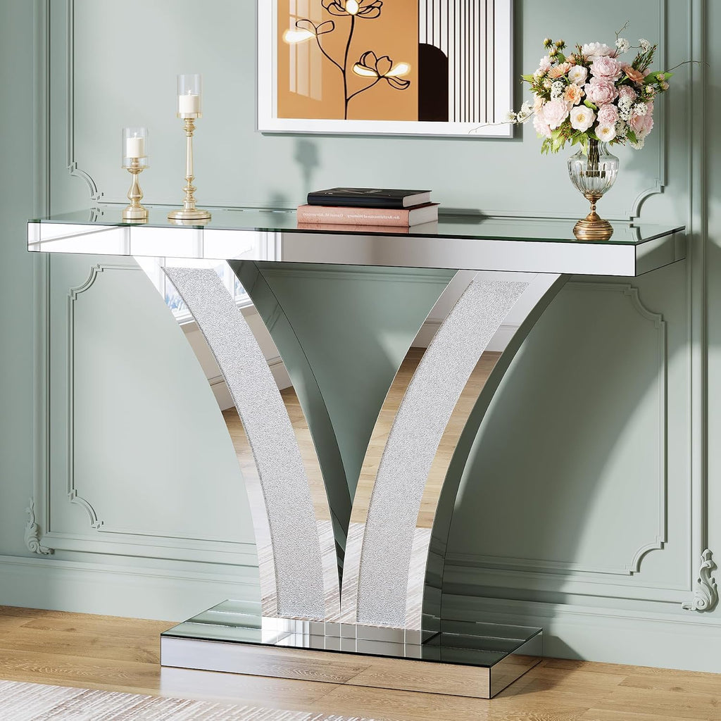 Tribesigns Mirrored Console Table, Modern Sliver Entryway Sofa Table with Crystal Inlay Frames for Living Room, Hallway, Foyer