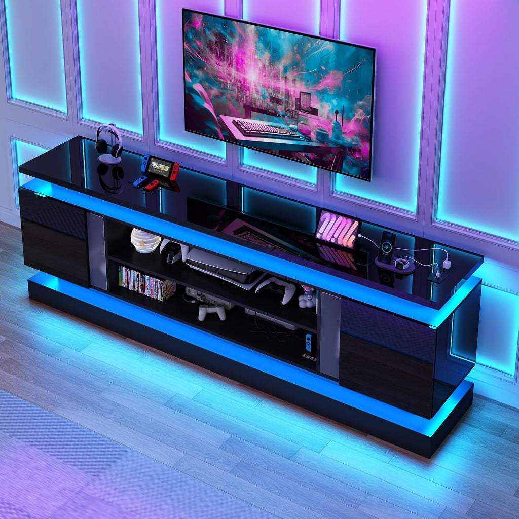 chartustriable 81IN LED TV Stands w/Power Outlet for 90/80/75 Inch TVs,High Glossy Modern Tall Entertainment Center TV Media Console Gaming with 2 Storage Cabinets,Dual LED Lights,Black