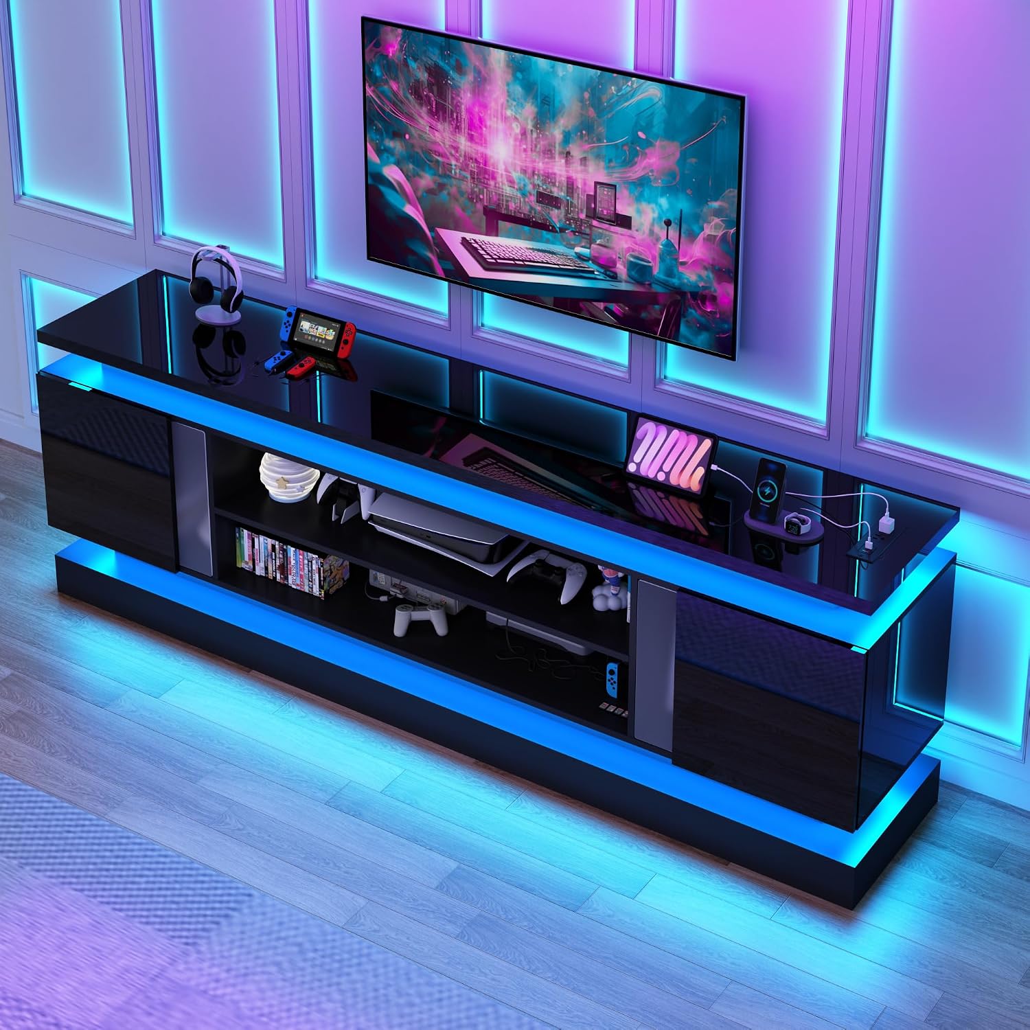 chartustriable 81IN LED TV Stands w/Power Outlet for 90/80/75 Inch TVs,High Glossy Modern Tall Entertainment Center TV Media Console Gaming with 2 Storage Cabinets,Dual LED Lights,Black
