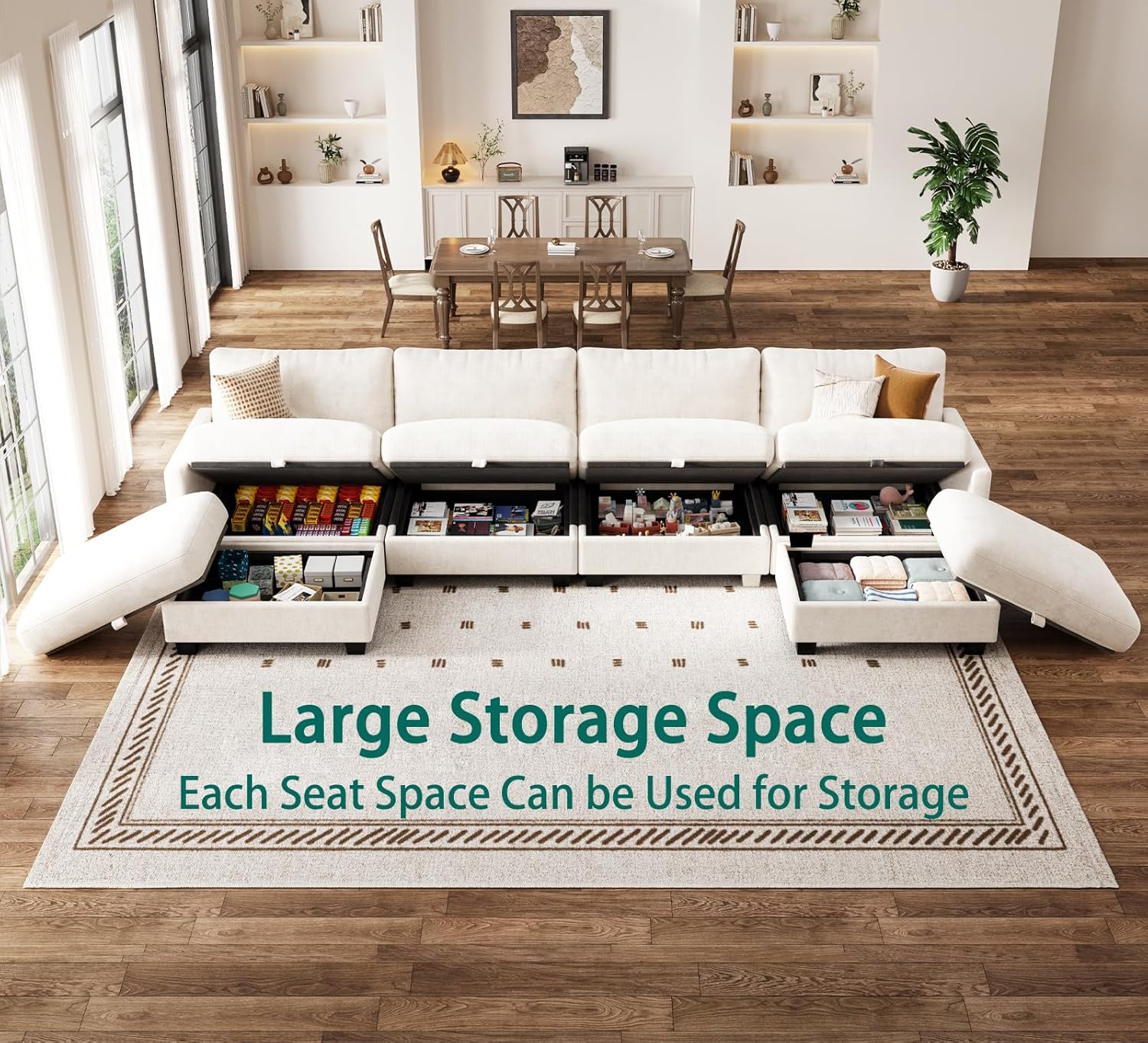 Modular Sectional U Shaped Sofa Couches for Living Room, Cloud Couch with Storage Ottoman, Comfy Chenille Sofa with Pillow, Beige