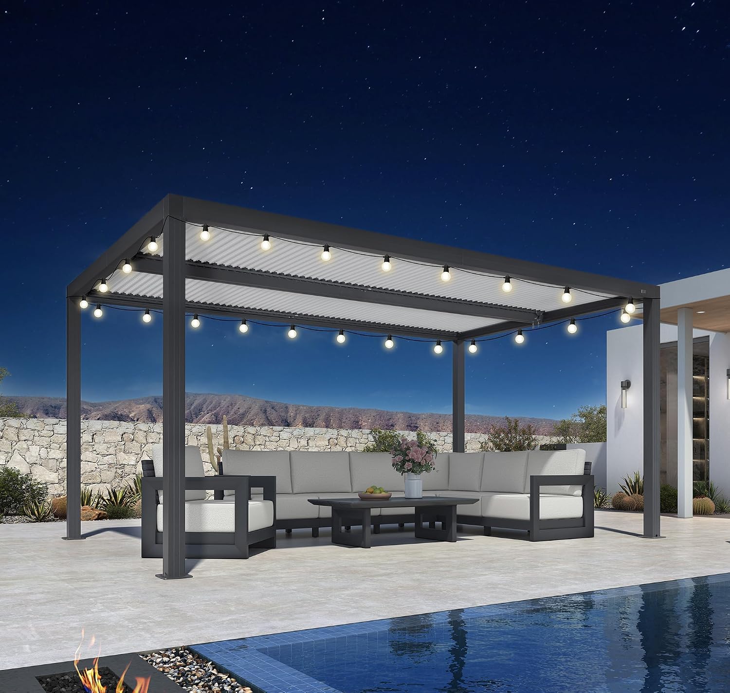 PURPLE LEAF Louvered Pergola 10' x 16' Outdoor Aluminum Pergola with Hidden Drainage System and White Adjustable Sun Shade Roof Patio Hardtop Large Pergolas with Light for Patio Poolside Spa