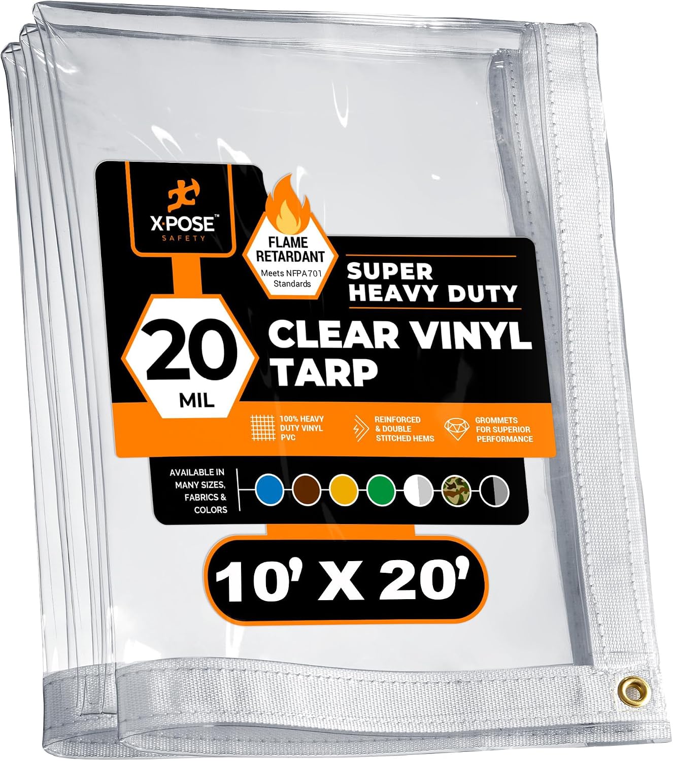 10' x 20' Clear Vinyl Tarp - Fire Retardant 20 Mil Super Heavy Duty Transparent Waterproof PVC Tarpaulin with Brass Grommets - for Patio Enclosure, Temporary Wall, Multipurpose - by Xpose Safety