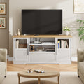 GarveeHome TV Stand, 72 in Wave Pattern Entertainment Center with 2 Glass Door Cabinets, Farmhouse TV Media Console with Open Storage Compartments for Living Room, White & Natural