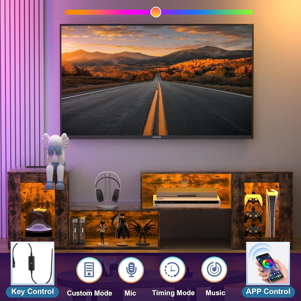 VECELO LED TV Stand for Televisions up to 70 Inchs Modern Entertainment Center with Storage, Media Console with 23 Flashing Options and 4 Customizable Modes for Living Room, Bedroom, Brown