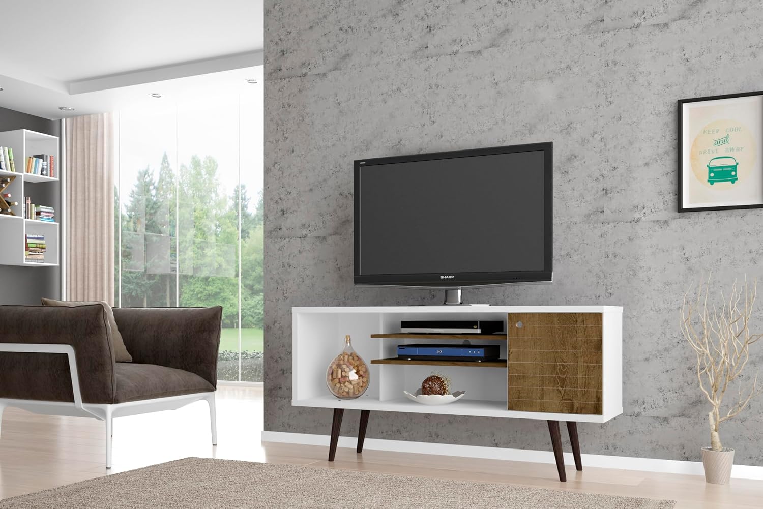 Manhattan Comfort Liberty Mid Century Modern TV Stand for Televisions up to 50 Inches, Bedroom and Living Room Entertainment Center with Storage, Shelves, and Cabinet, 53' Wide, White/Rustic