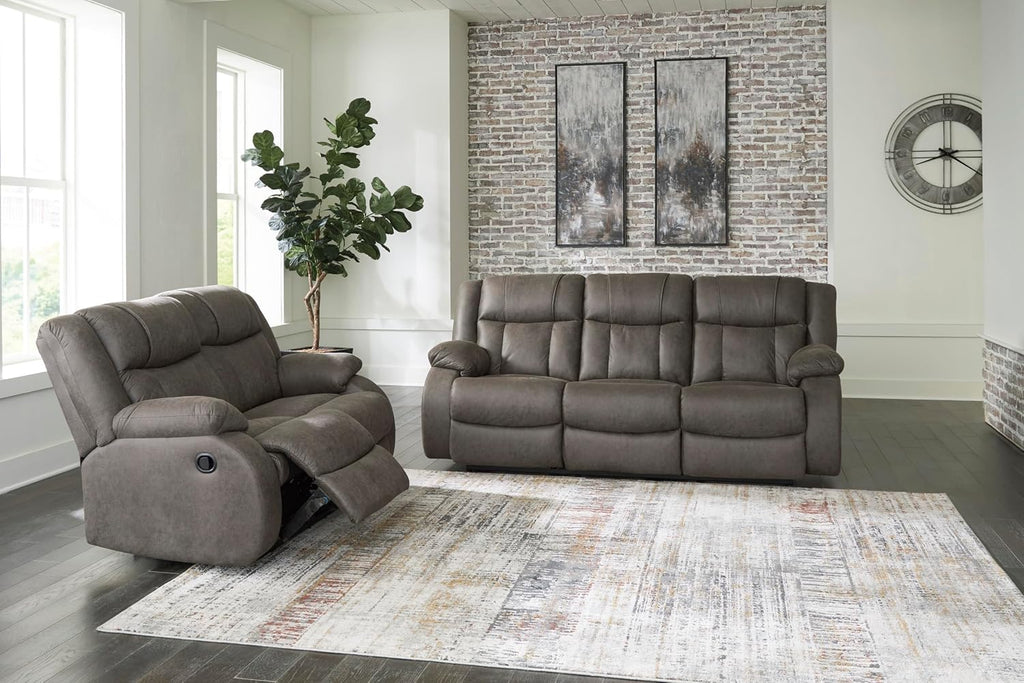 Signature Design by Ashley First Base Contemporary Faux Leather Manual Reclining Loveseat, Gray