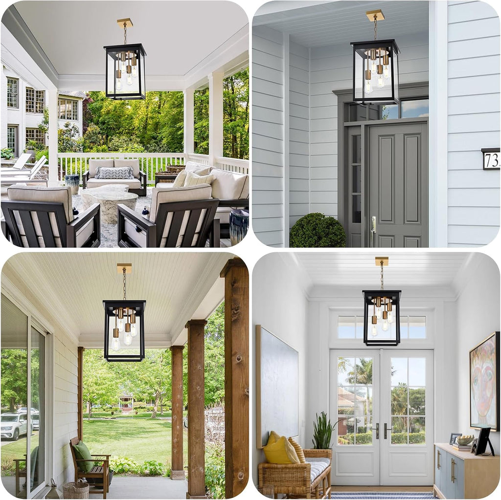 16.7'' Large Outdoor Pendant Light, 4-Lights Black and Brushed Brass Exterior Hanging Porch Chandelier Lantern with Clear Glass, Outdoor Ceiling Light Fixture for Entryway Gazebo Patio