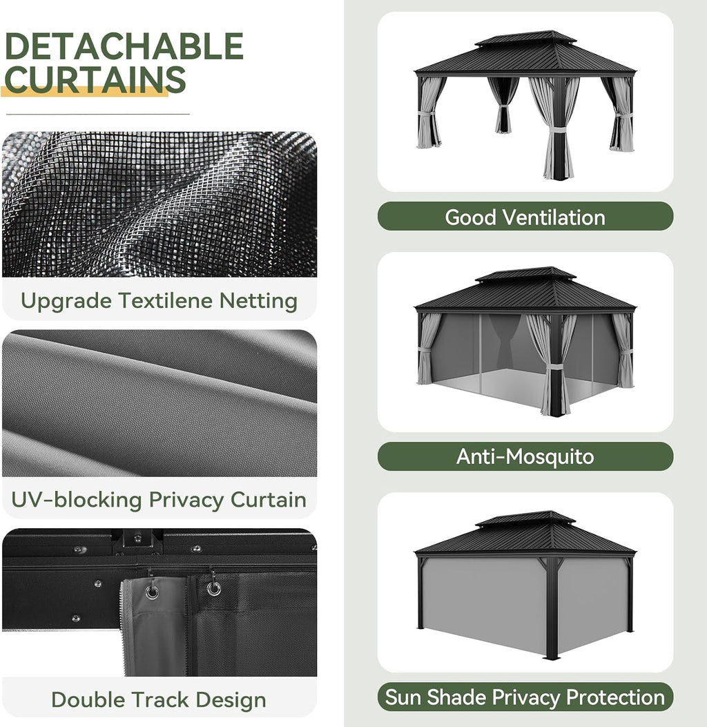 Aoxun Hardtop Gazebo 12x16 with Gutter, Upgraded Wider Aluminum Outdoor Gazebo with Galvanized Steel Double Roof, Patio Permanent Metal Pavilion with Netting and Privacy Curtain
