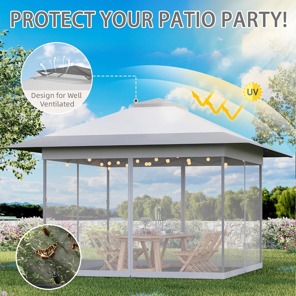 Bezseller 13x13 Pop Up Gazebo with Mosquito Netting – Easy 1-Person Setup, Water-Resistant Backyard Canopy for Family Patio & Garden Use,Light Grey