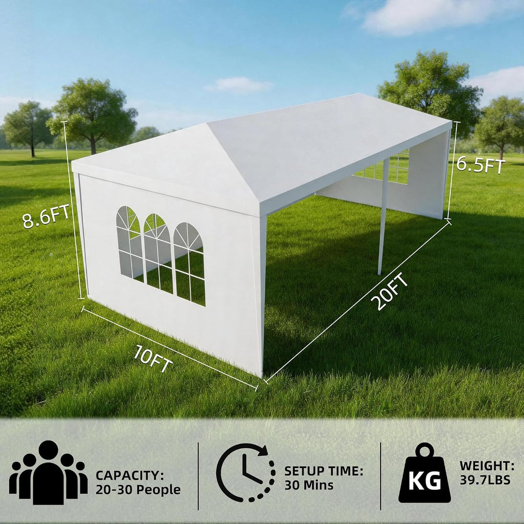 10x20 Party Tent Heavy Duty Outdoor Canopy Tents for Parties with 4 Removable Sidewalls Outside Large Carpas para Fiestas for Backyard Patio Events Wedding BBQ, White