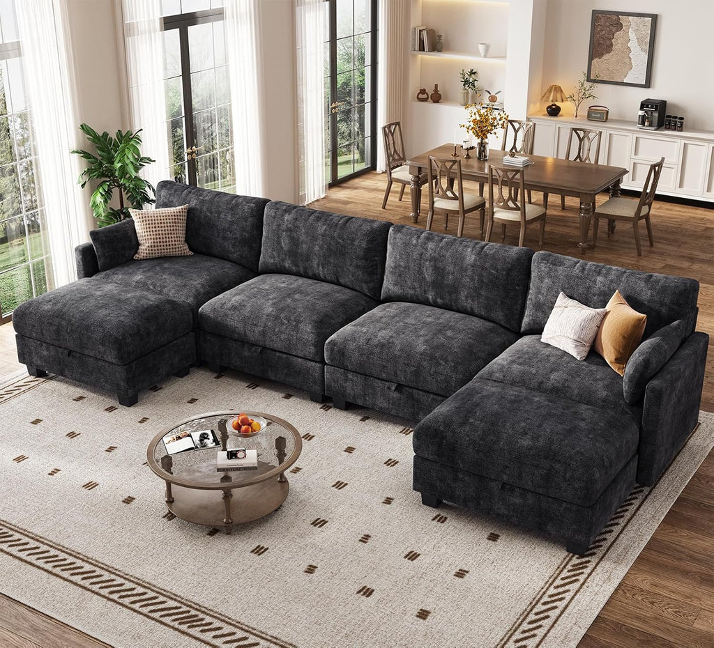 Modular Sectional U Shaped Sofa Couches for Living Room, Cloud Couch with Storage Ottoman, Comfy Chenille Sofa with Pillow, Black