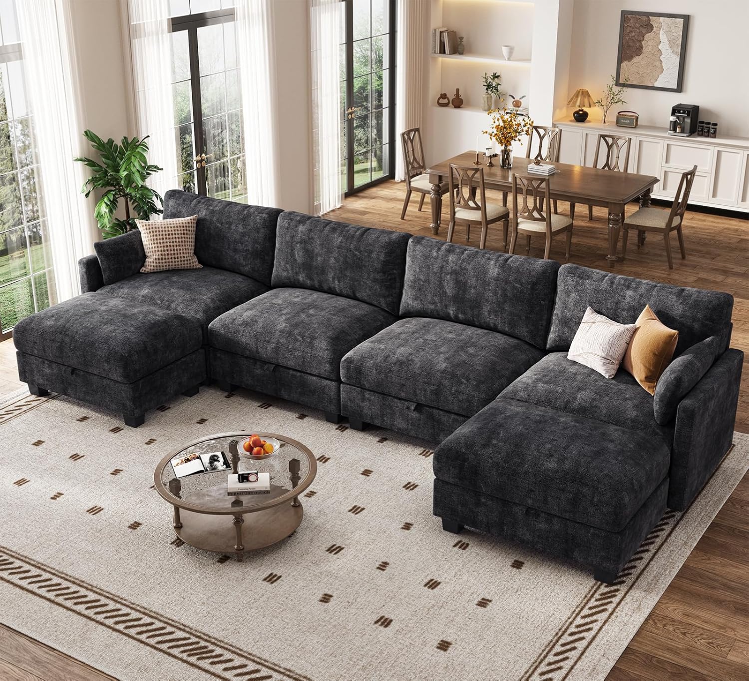 Modular Sectional U Shaped Sofa Couches for Living Room, Cloud Couch with Storage Ottoman, Comfy Chenille Sofa with Pillow, Black