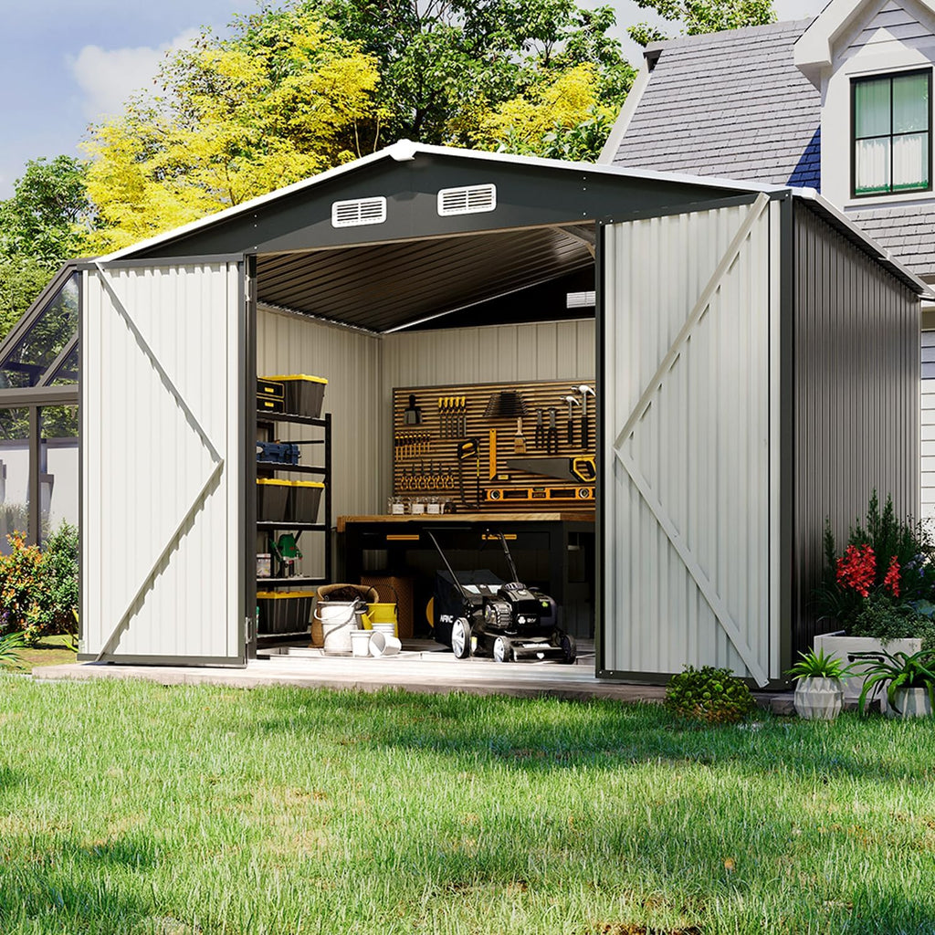 9.1' x 7.4' Outdoor Metal Storage Shed with Lockable Doors, Steel Utility Shed for Garden, Patio, Backyard & Lawn, Durable Black Design