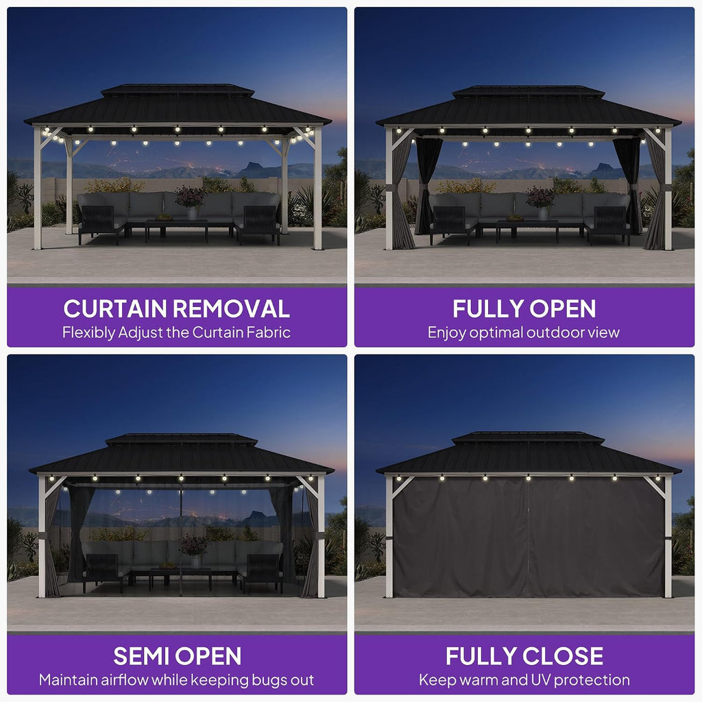 PURPLE LEAF 10' X 16' Outdoor Gazebo Galvanized Steel Double Roof White Aluminum Frame Hardtop Heavy Duty Gazebo with Curtain and Netting for Patio Garden and Backyard, Grey