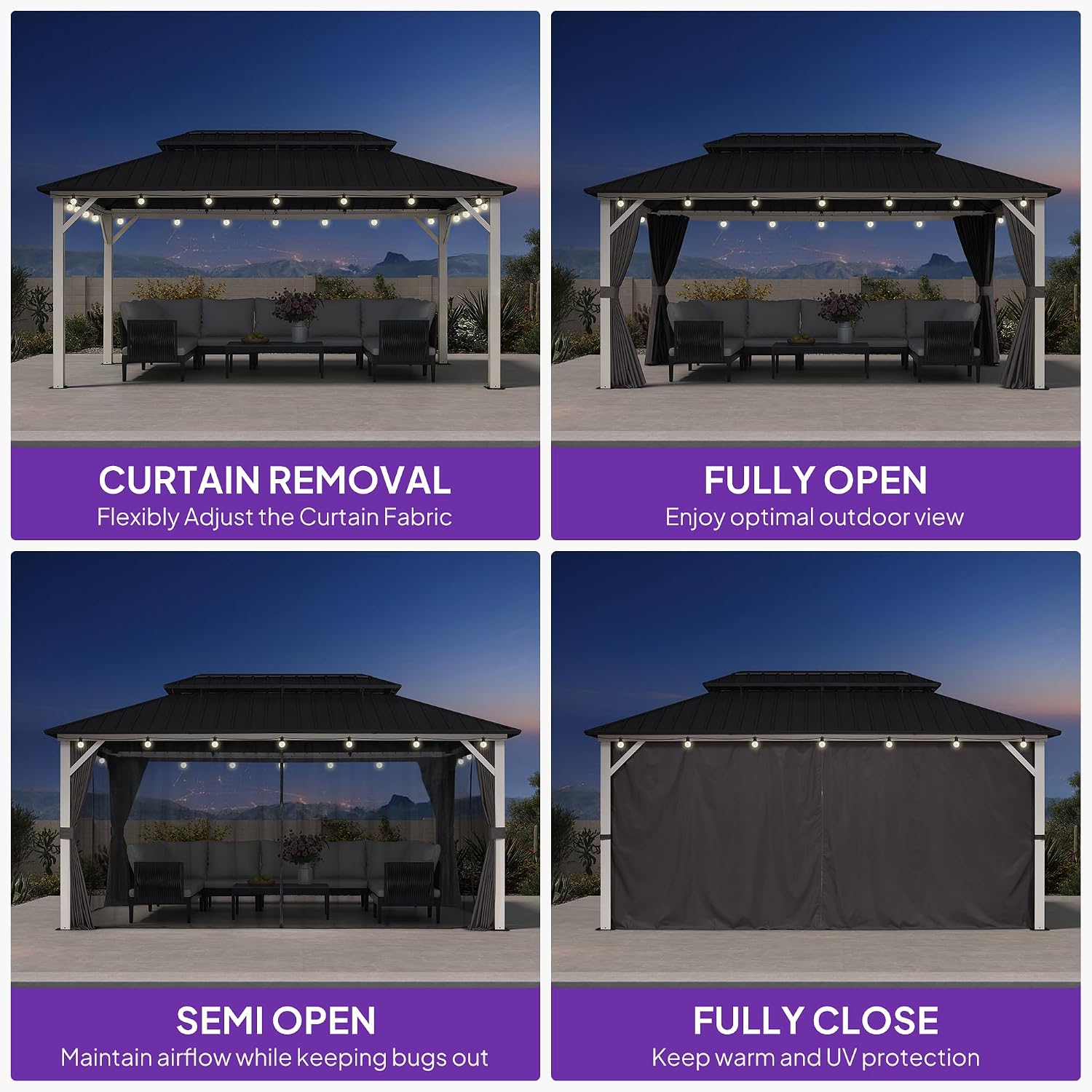 PURPLE LEAF 10' X 16' Outdoor Gazebo Galvanized Steel Double Roof White Aluminum Frame Hardtop Heavy Duty Gazebo with Curtain and Netting for Patio Garden and Backyard, Grey