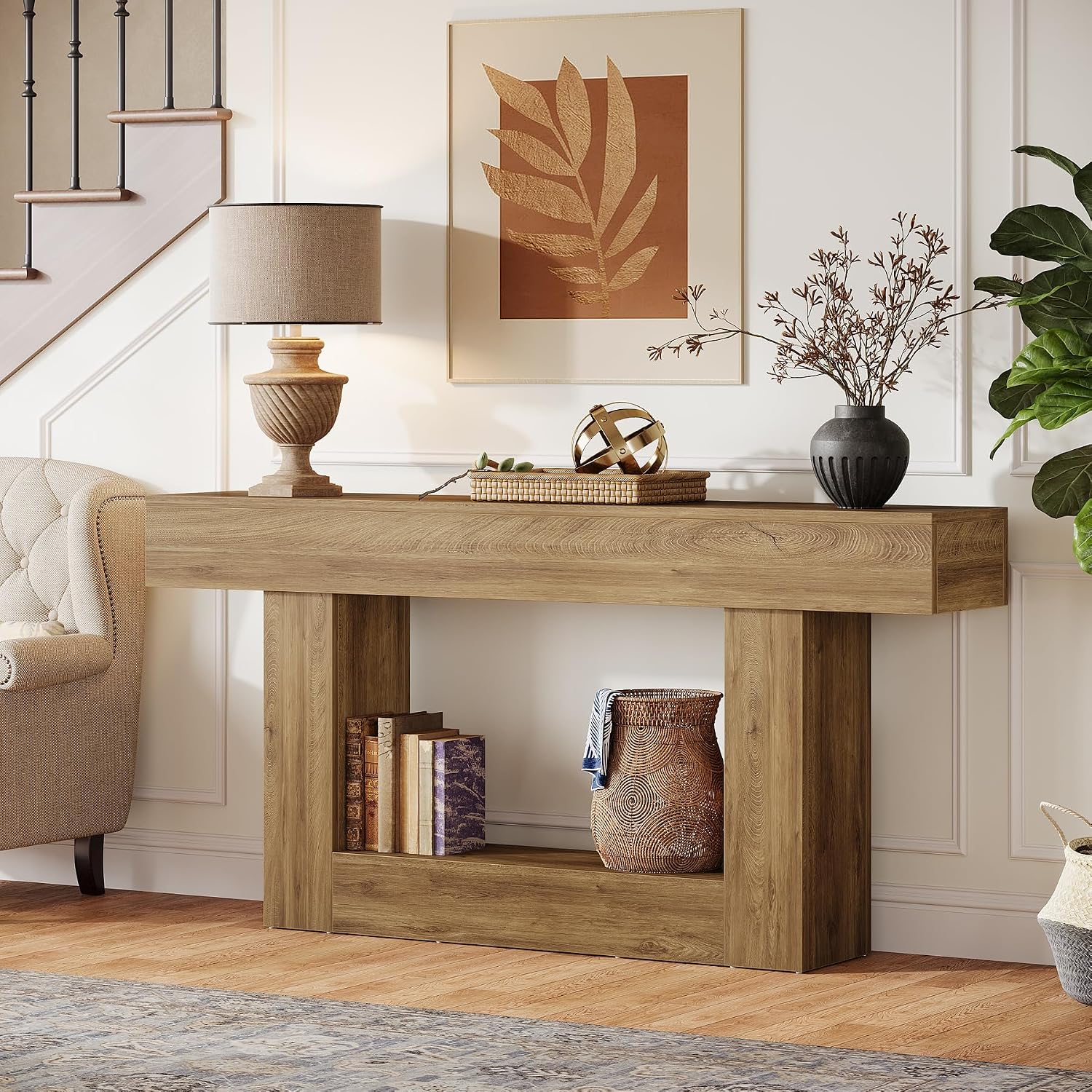 Tribesigns 63-Inch Long Console Table, 2-Tier Entryway Table Sofa Table with Storage, Farmhouse Wood Behind Couch Table for Living Room, Hallway, Light Brown