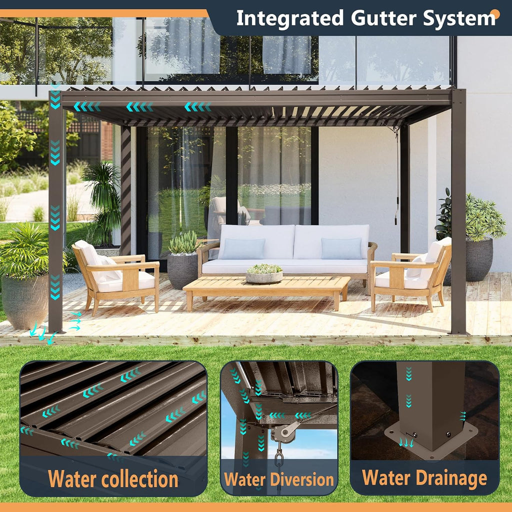 Domi Outdoor Louvered Pergola 10x10FT with Adjustable Steel Roof, Outdoor Aluminum Frame Rainproof Pergola for Backyard, Garden and Lawn,Brown