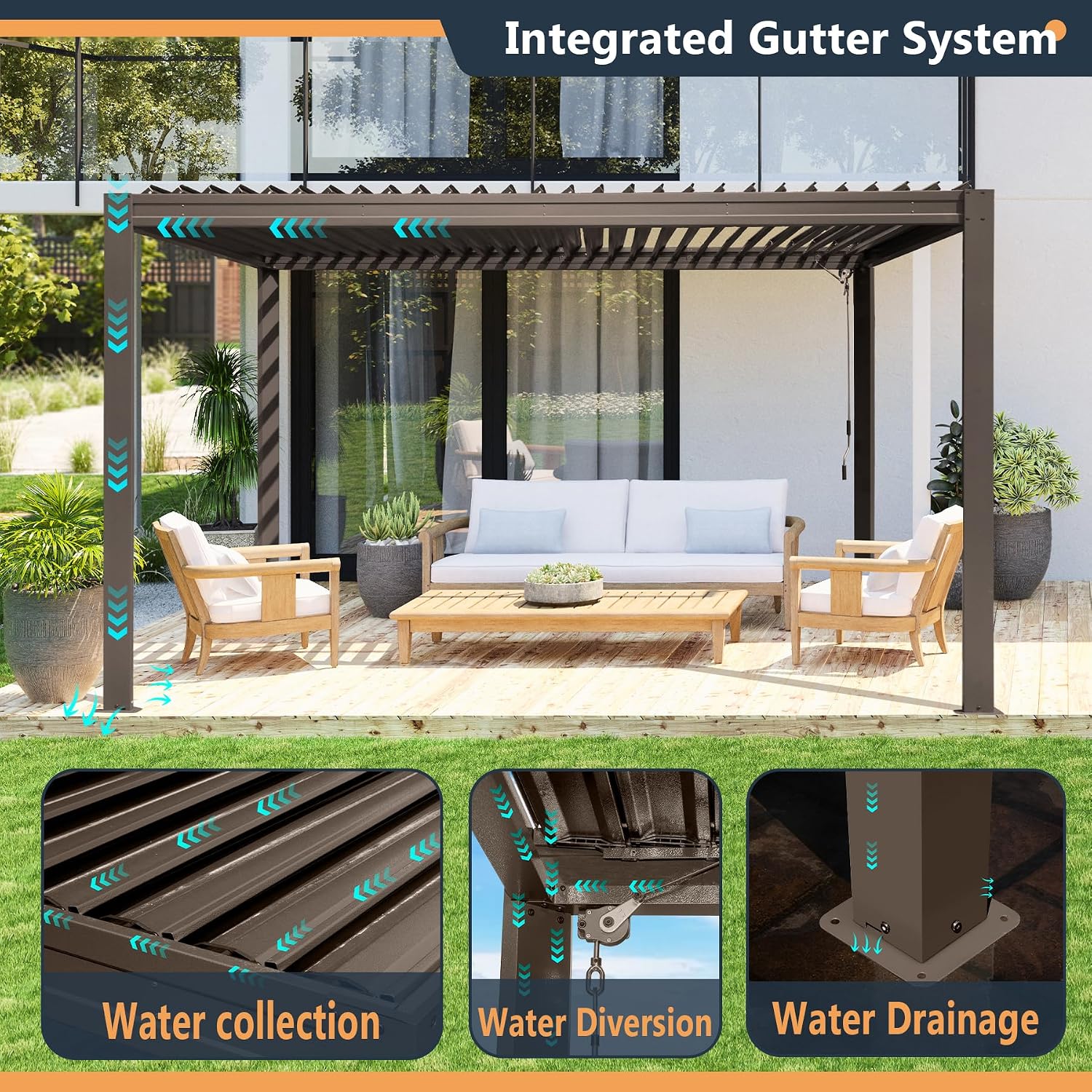 Domi Outdoor Louvered Pergola 10x10FT with Adjustable Steel Roof, Outdoor Aluminum Frame Rainproof Pergola for Backyard, Garden and Lawn,Brown