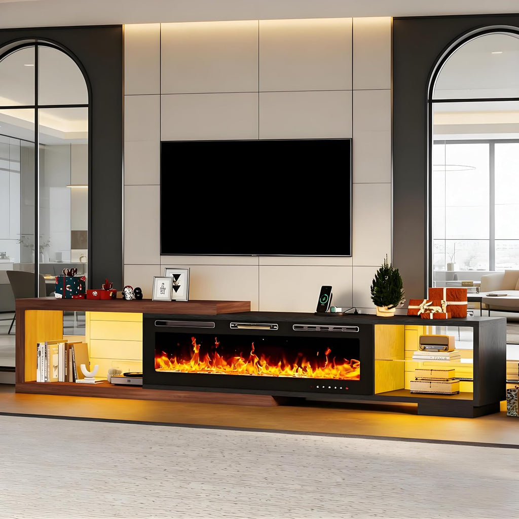 Extendable TV Stand with 50' Electric Fireplace, 71'-116' Long TV Console for Up to 120 Inch TV, Modern LED Entertainment Center with Glass Shelf for Living Room Bedroom, Black & Walnut