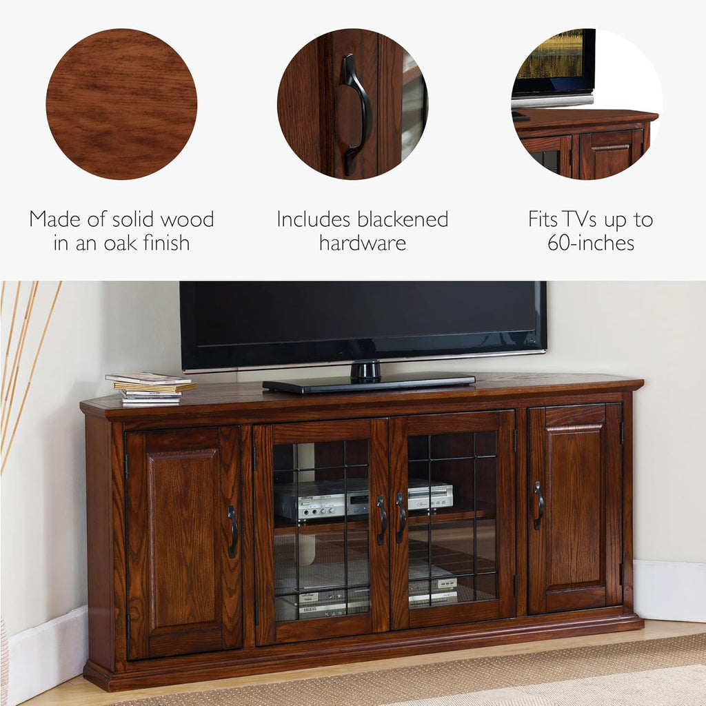 Leick Home Riley Corner TV Stand 60 in, Burnished Oak, Solid Wood, Beveled Tempered Glass, Blackened Hardware, Adjustable Shelf, Easy Assembly, 56 in L x 20 in W x 25 in H, Item 80386