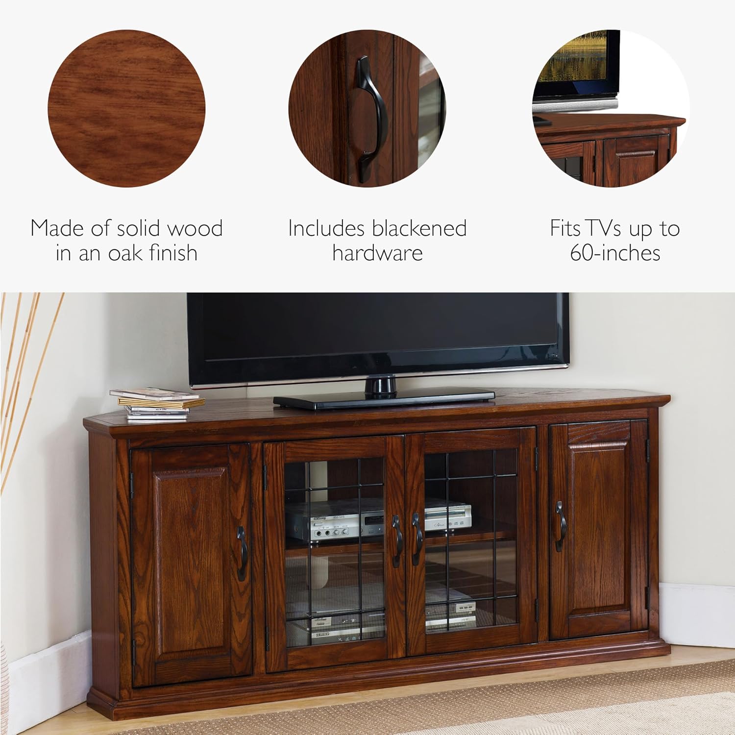 Leick Home Riley Corner TV Stand 60 in, Burnished Oak, Solid Wood, Beveled Tempered Glass, Blackened Hardware, Adjustable Shelf, Easy Assembly, 56 in L x 20 in W x 25 in H, Item 80386