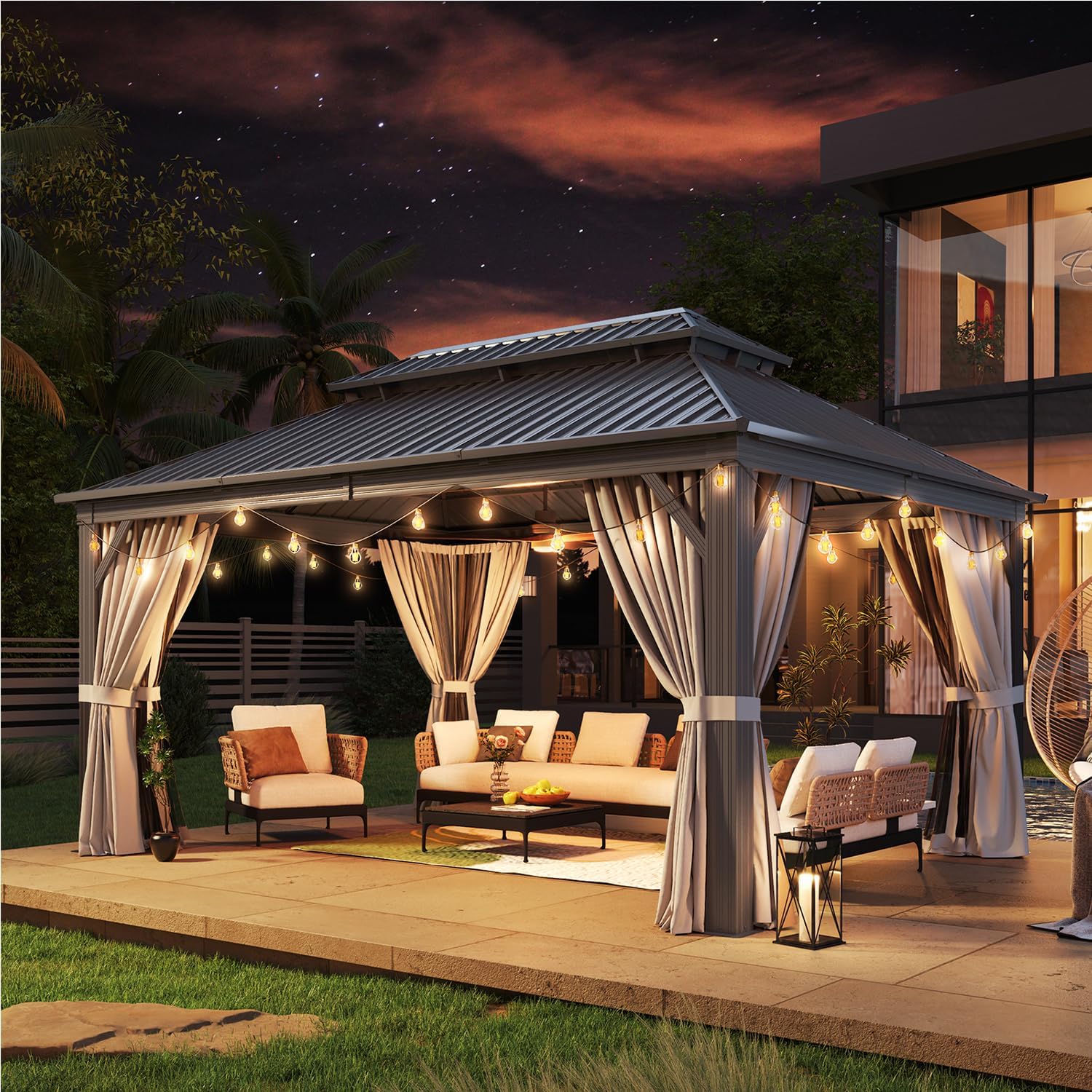 12' X 16' Hardtop Gazebo with Mosquito Netting and Curtains, Outdoor Gazebos with Double Roof, Galvanized Steel Permanent Aluminum Gazebo, for Gardens, Decks, Patios, Parties
