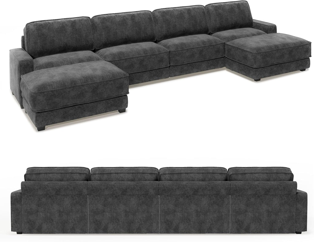 Vipbear 160' Oversized Modular Sectional Sofa, U Shaped Couch Set with 2 Pillows, 6 Seat Comfy Cloud Couches with 2 Movable Ottomans for Living Room, Bedroom and Apartment, Chenille Dark Grey