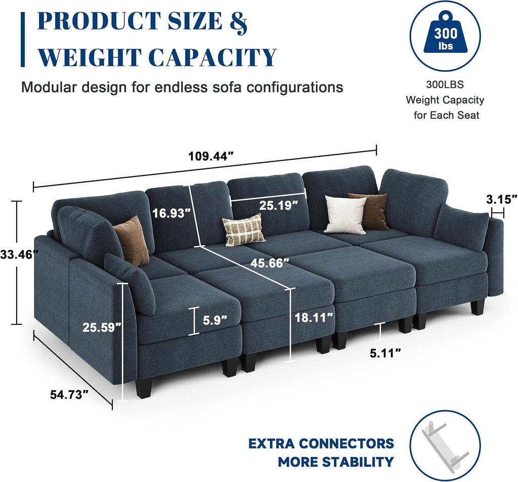 Sectional Sleeper Sofa, 8 Seaters Modular Sleeper Sofa Couch, Comfy Sectionals Couches Bed, Convertible Sofas with Ottomans, Modular Sectional Couches for Living Room, Blue