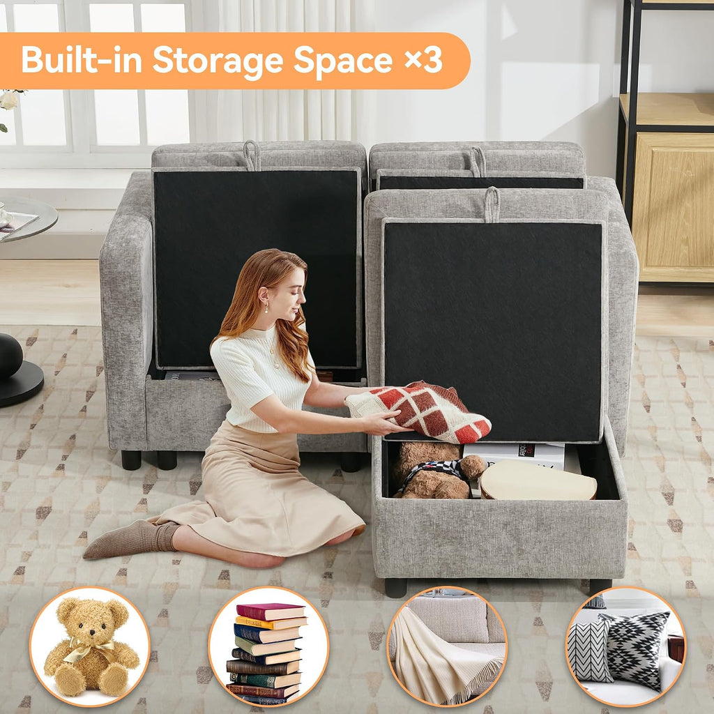 WUTUTUEE 58'Modular Sectional Loveseat Sofa with Storage, Comfy Office L Shaped Sofa Couch, Chenille Love Seat Modular Sectional Couch with Movable Ottoman for Living Room, Bedroom, Light Grey