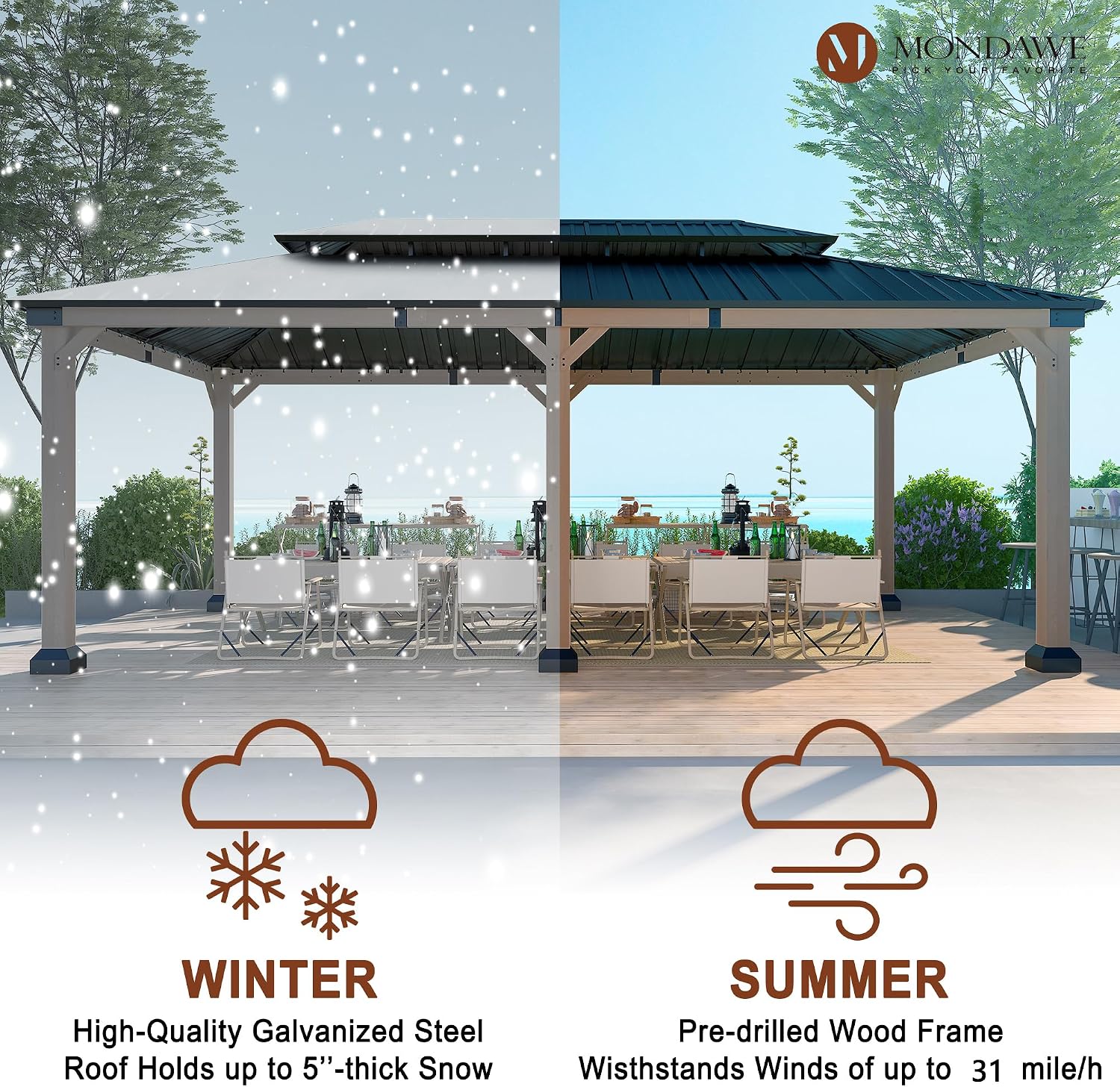 Cedar Wood Gazebo 12x20Ft Hardtop Gazebo, Outdoor Permanent Gazebo Pergola with Galvanized Steel Double Roof Pavilion for Patio Lawn Garden - Beverly Hills Serie