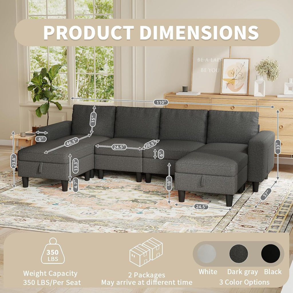 Modular Sectional Couches for Living Room, 110' U Shaped Sectional Sofa Couch with Adjustable Backrest, 6 Seat Linen Cloud Couch Sectionals with Storage Ottoman for Apartment (Dark Grey)
