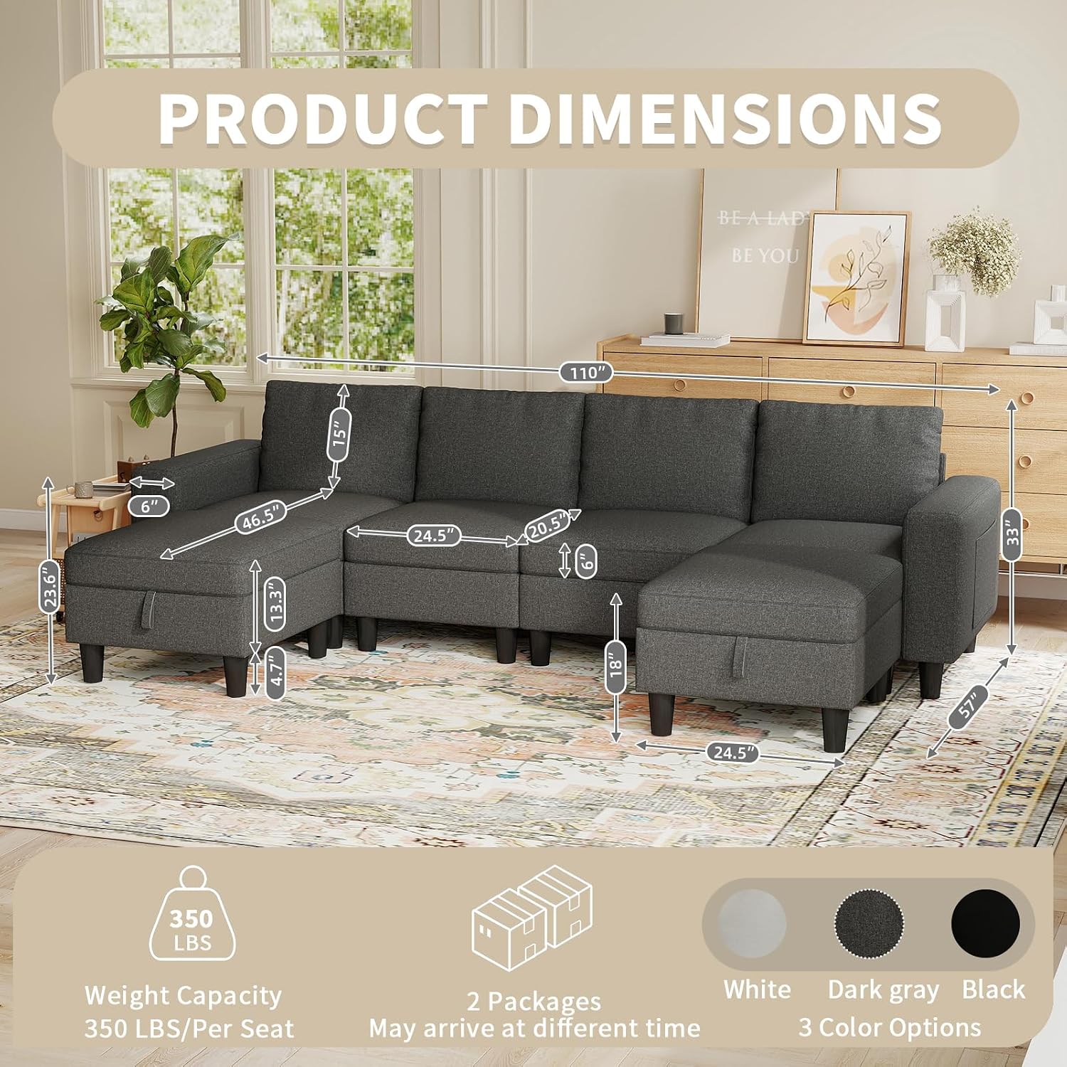 Modular Sectional Couches for Living Room, 110' U Shaped Sectional Sofa Couch with Adjustable Backrest, 6 Seat Linen Cloud Couch Sectionals with Storage Ottoman for Apartment (Dark Grey)