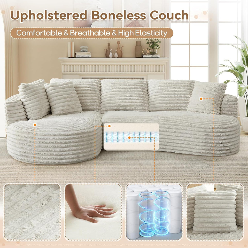 120'W Oversized Modern Curved Cloud Couch,Corduroy Modular Sectional Sofa with Chaise, L Shaped Boneless Couch, Compression Foam Sofa for Living Room Bedroom, No Assembly Required(Left Facing, Cream)
