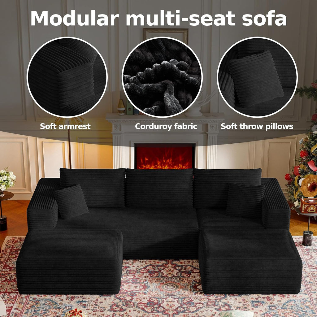 CHORRO107''Sectional Cloud Couch for Livingroom,Modular Corduroy Boneless Couch, U-Shaped Sofa with Chaise and Pillows,4-Deep Seat Sectional Sofa with 2 Ottoman,No Assembly(Black)