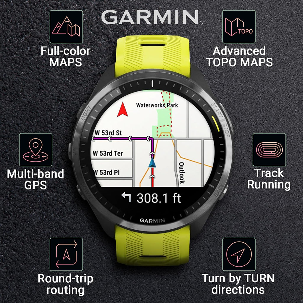 Garmin Forerunner 965 Premium GPS Running and Triathlon 47mm Smartwatch with AMOLED Touchscreen Display, Carbon Gray DLC Titanium Bezel and Amp Yellow Silicone Band with E-Bank.