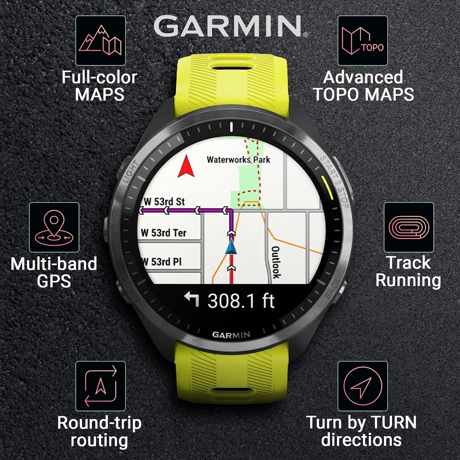Garmin Forerunner 965 Premium GPS Running and Triathlon 47mm Smartwatch with AMOLED Touchscreen Display, Carbon Gray DLC Titanium Bezel and Amp Yellow Silicone Band with E-Bank.