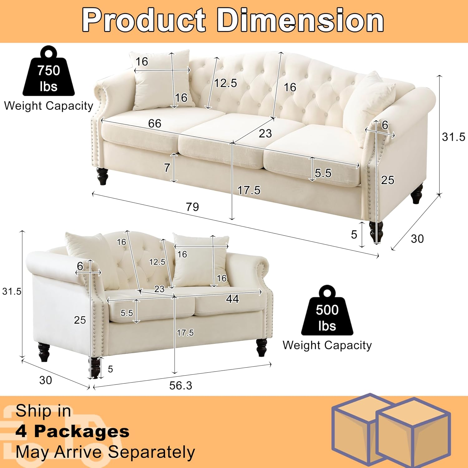 2 Piece Modern Beige Velvet 79' 3-Seater and 57' Loveseat Sofa Sets, Chesterfield Button Tufted Nailhead Combination Couch with 4 Pillows, Trimming Curved Backrest & Rolled Arm Sofa for Living Room