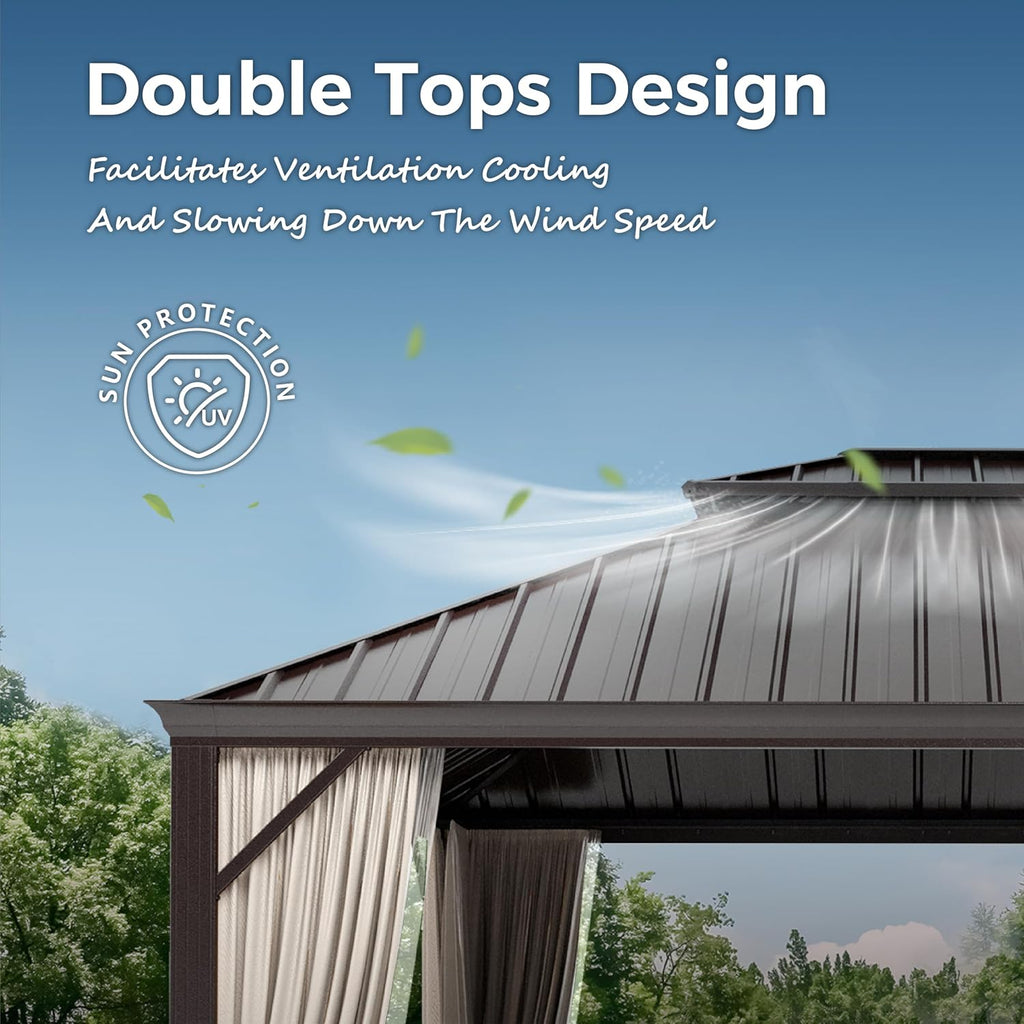 MIXPATIO 12' x 14' Hardtop Gazebo, Galvanized Steel Metal Double Roof Gazebo, Permanent Outdoor Metal Pavilion with Curtain and Netting for Deck, Backyard, Patio, Lawns